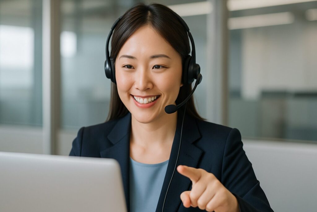 ヘッドセットマイクをつけてパソコンを使っている女性コールセンター職員