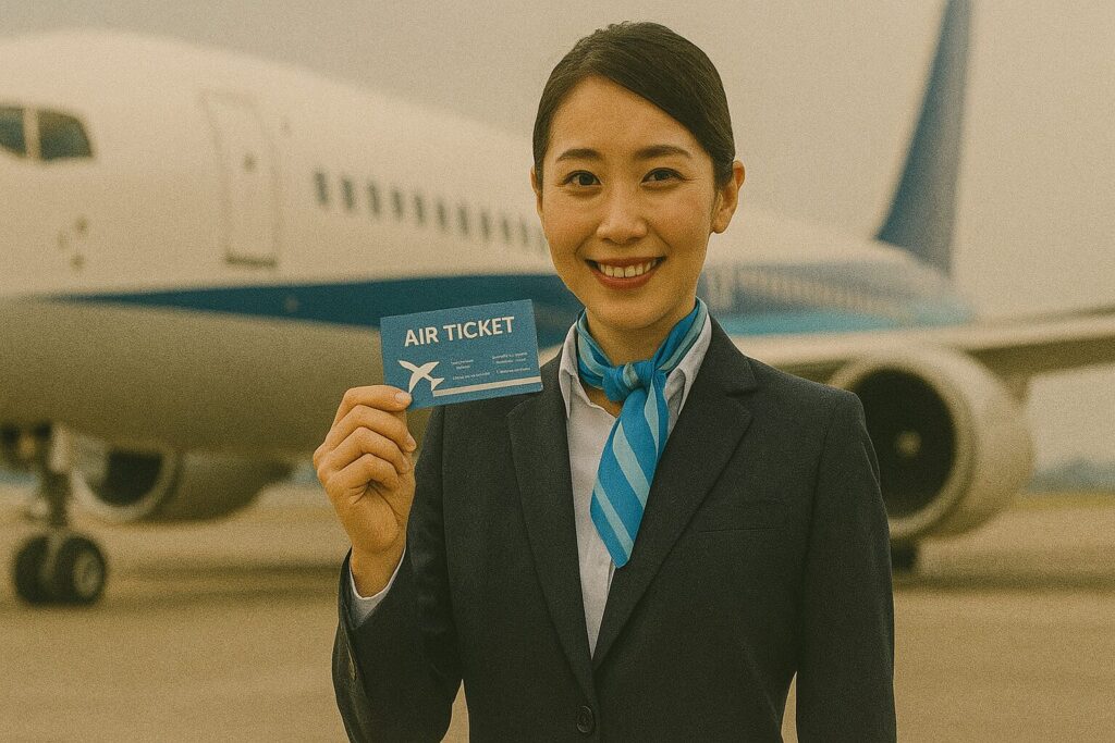 旅客機を背景に、航空券を見せて微笑む日本人の女性CA