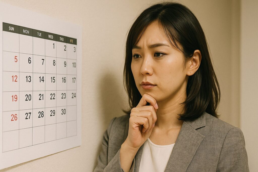 カレンダーを見ながらあごに手を当てて考える日本人のOL