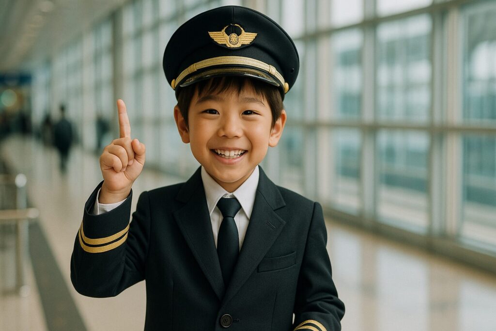 空港施設内で人差し指を立てて微笑む日本人のちびっ子パイロット