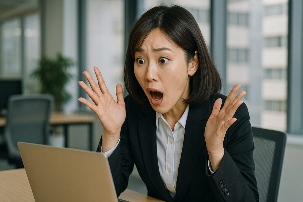 デスクでパソコンを見て驚愕する日本人のOL