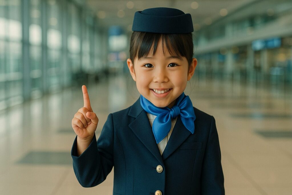 空港施設内で人差し指を立てて微笑む日本人ちびっ子女子のCA