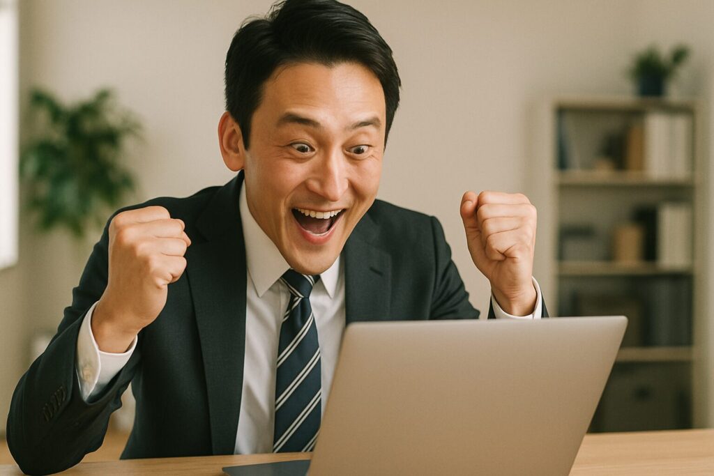 パソコンを見て驚き喜ぶビジネスマン