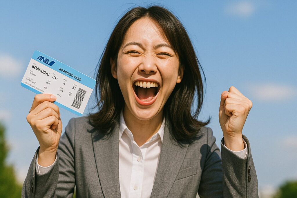 晴れた日にANAの航空券を持って大喜びするOL