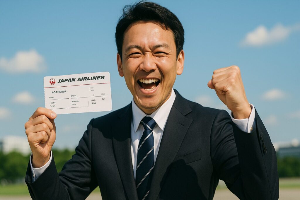 晴れた日にJALの航空券を持ってガッツポーズするビジネスマン