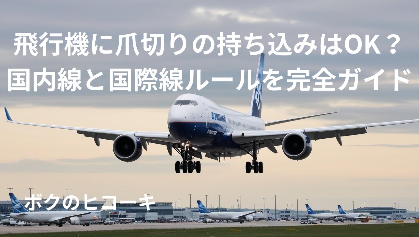 着陸態勢の旅客機とタイトル文字