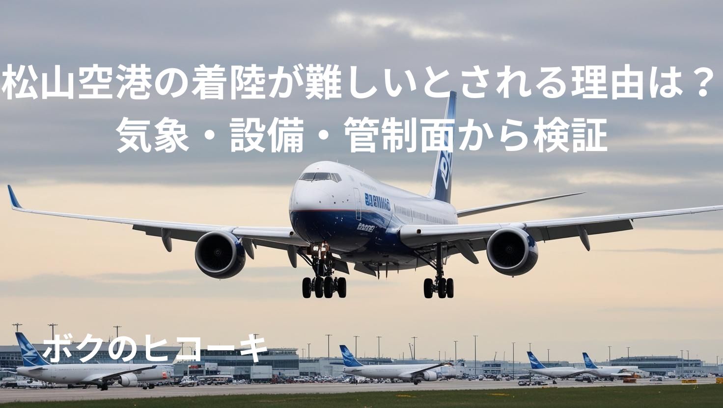着陸態勢の旅客機とタイトル文字