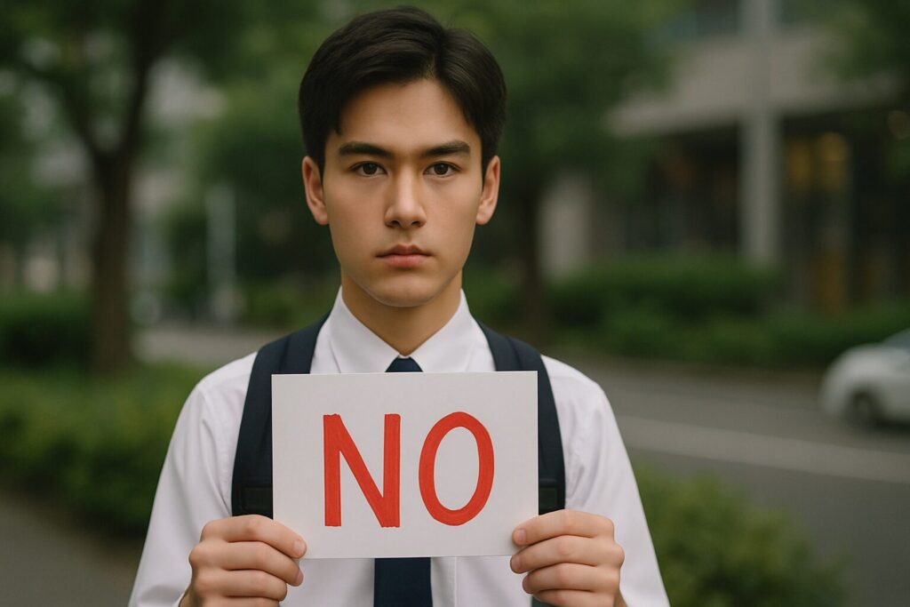 赤い字で「NO」と書かれたボードを持つイケメン男子中学生