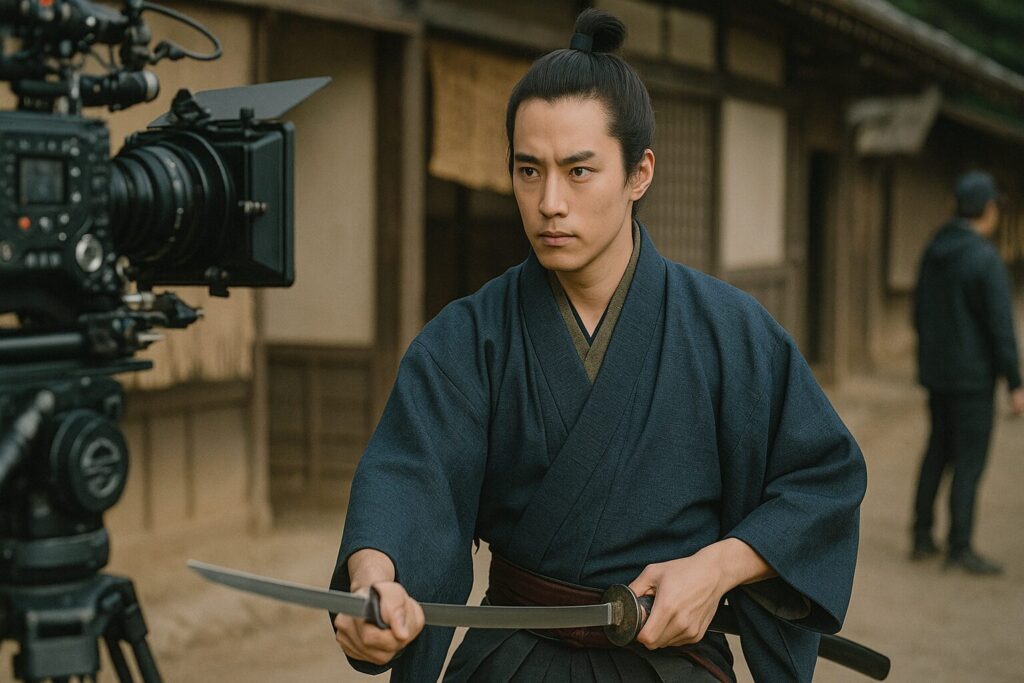 撮影現場で時代劇を演じる若手俳優