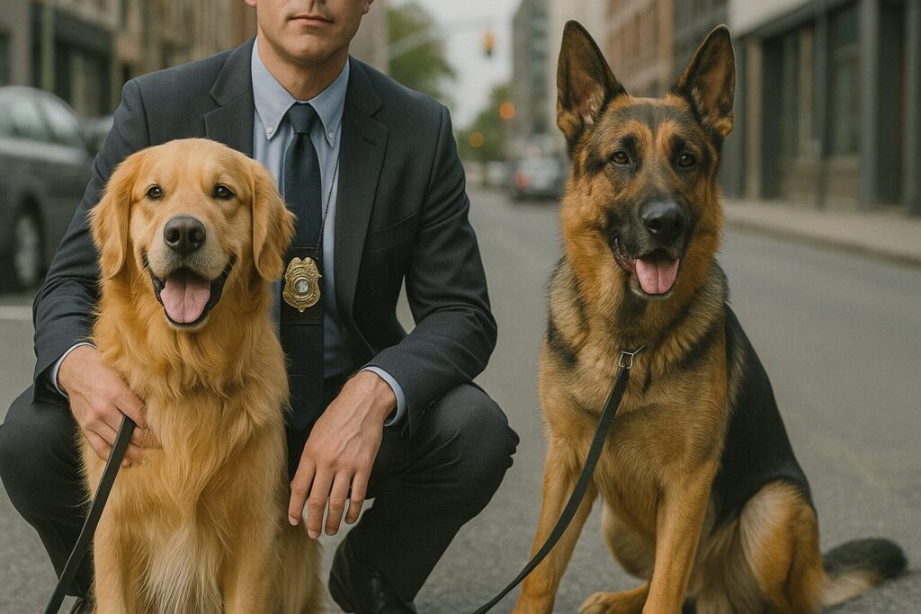 レトリバーとシェパードの警察犬