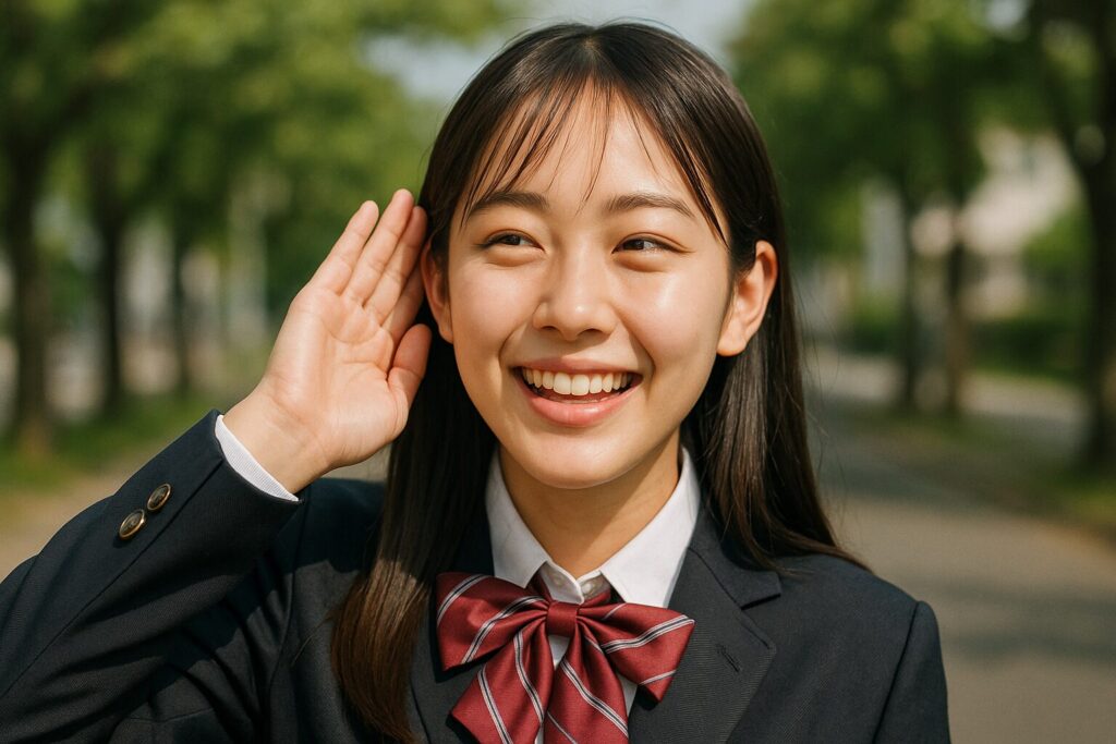笑顔で耳を澄ませている女子高生