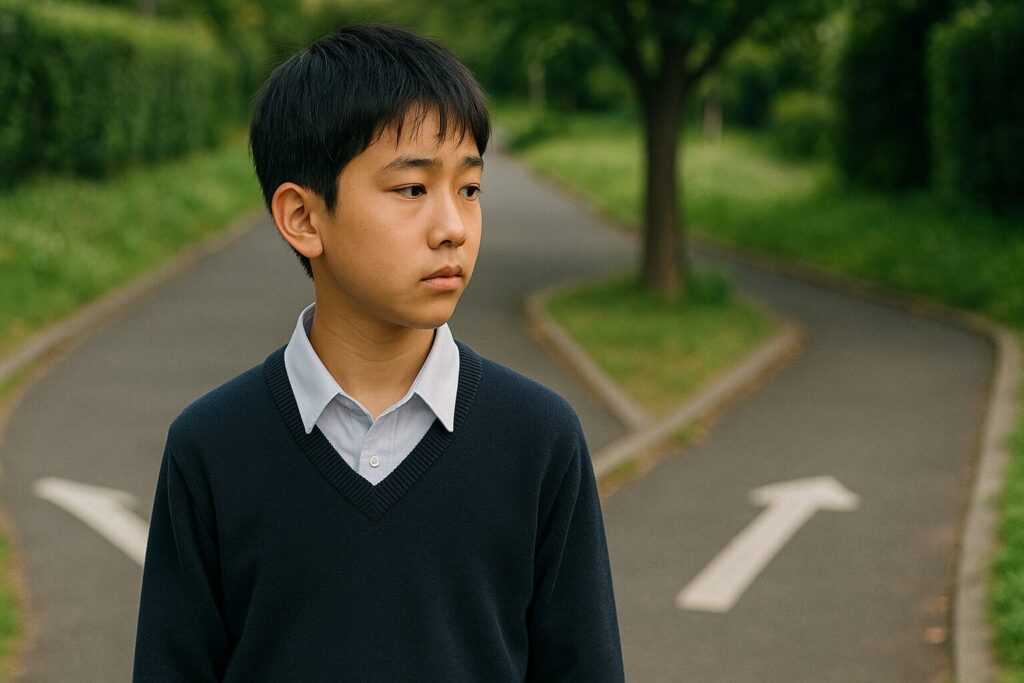 分かれ道で立ち止まる日本人少年