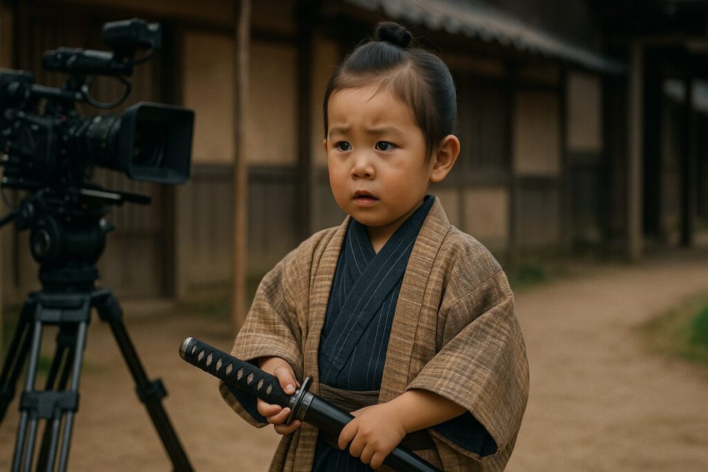 撮影現場で時代劇を演じる5歳の子役