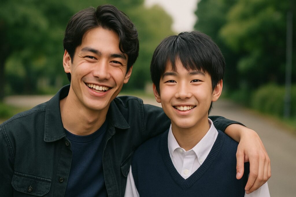 笑顔で肩を組む19歳と15歳の男性俳優