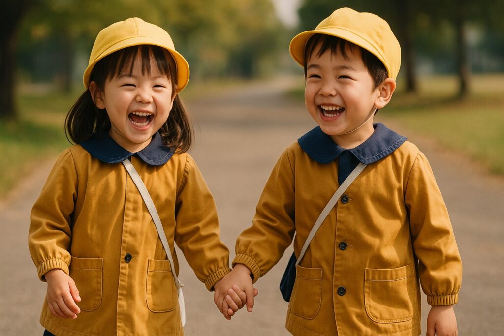 手をつないで笑う男女の幼稚園児