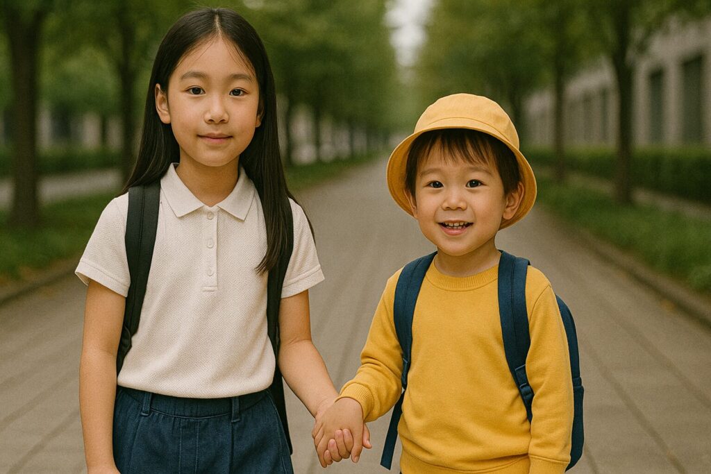 小学生の姉と手をつなぐ男子幼稚園児
