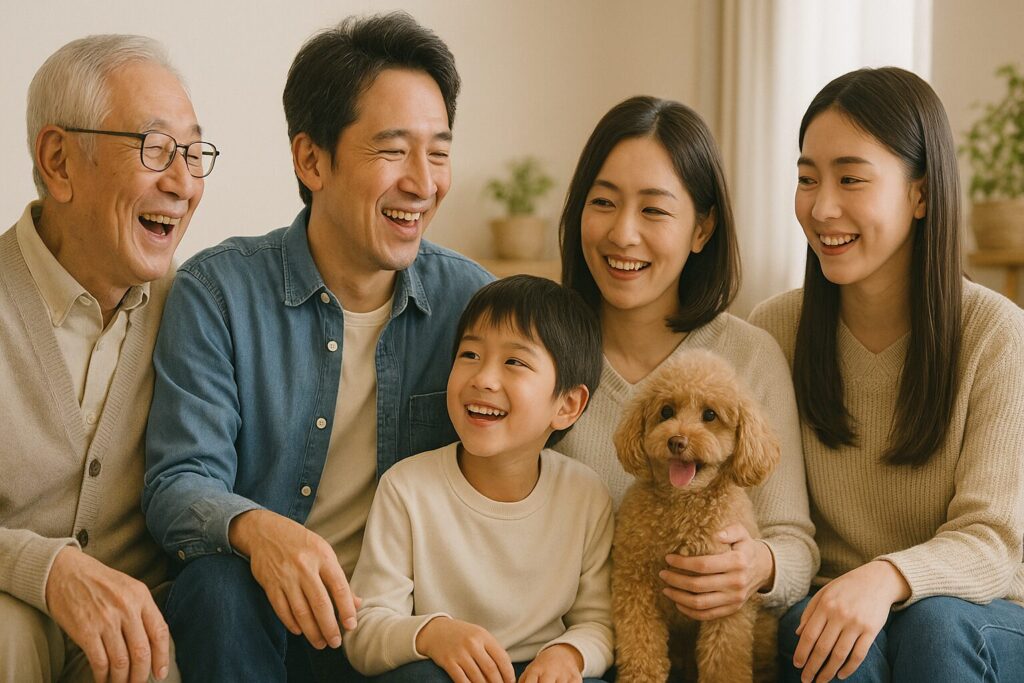 祖父、父、母、姉、弟の一家団欒とトイプードル