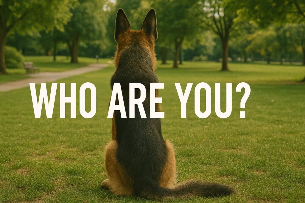 おすわりをしているシェパードの後ろ姿
白で「Who are you」のテキスト
背景は公園