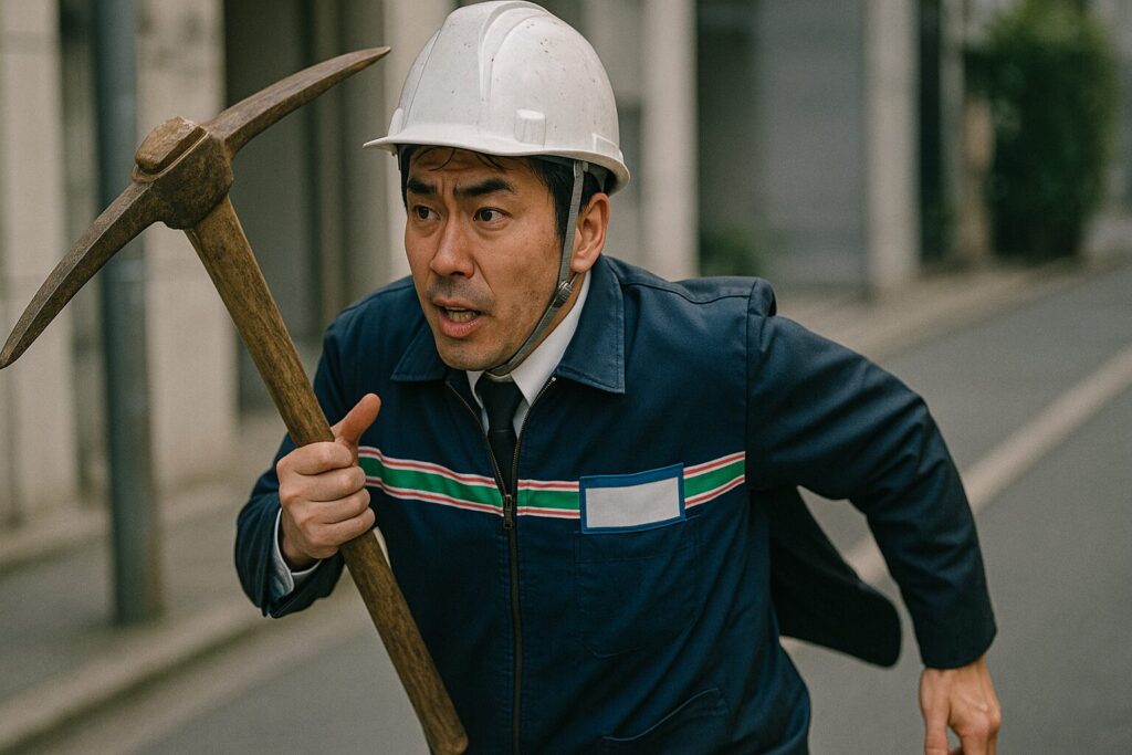 コンビニの制服、工事のヘルメットを乱雑に着用して、必死に走るサラリーマン