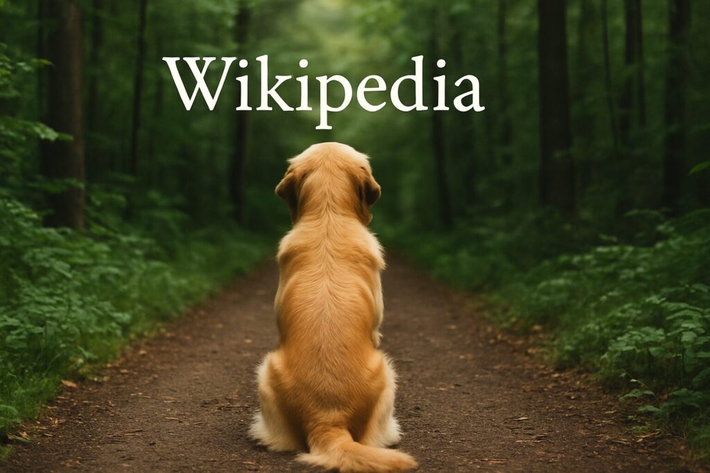 おすわりをしているレトリバーの後ろ姿
白で「Wikipedia」のテキスト
背景は森