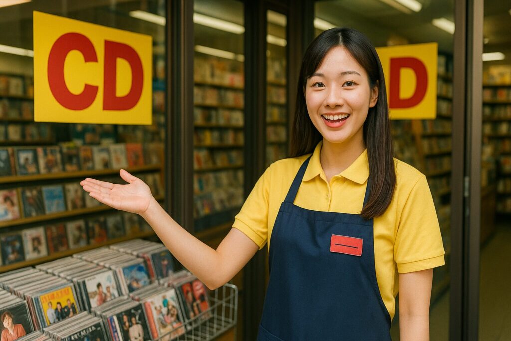 店頭で呼び込みをするCDショップの店員