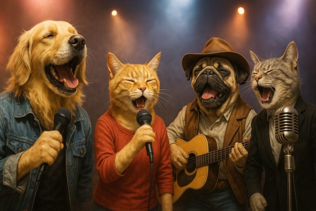 違うジャンルの犬や猫の歌手たちが同じステージで熱唱する