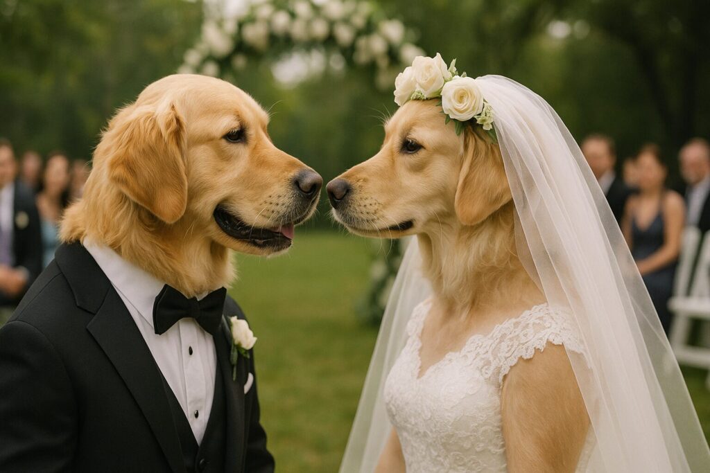 結婚式をあげる犬のカップル