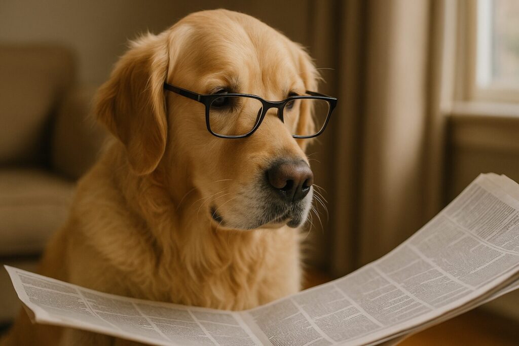 メガネをかけて新聞を読むレトリバー