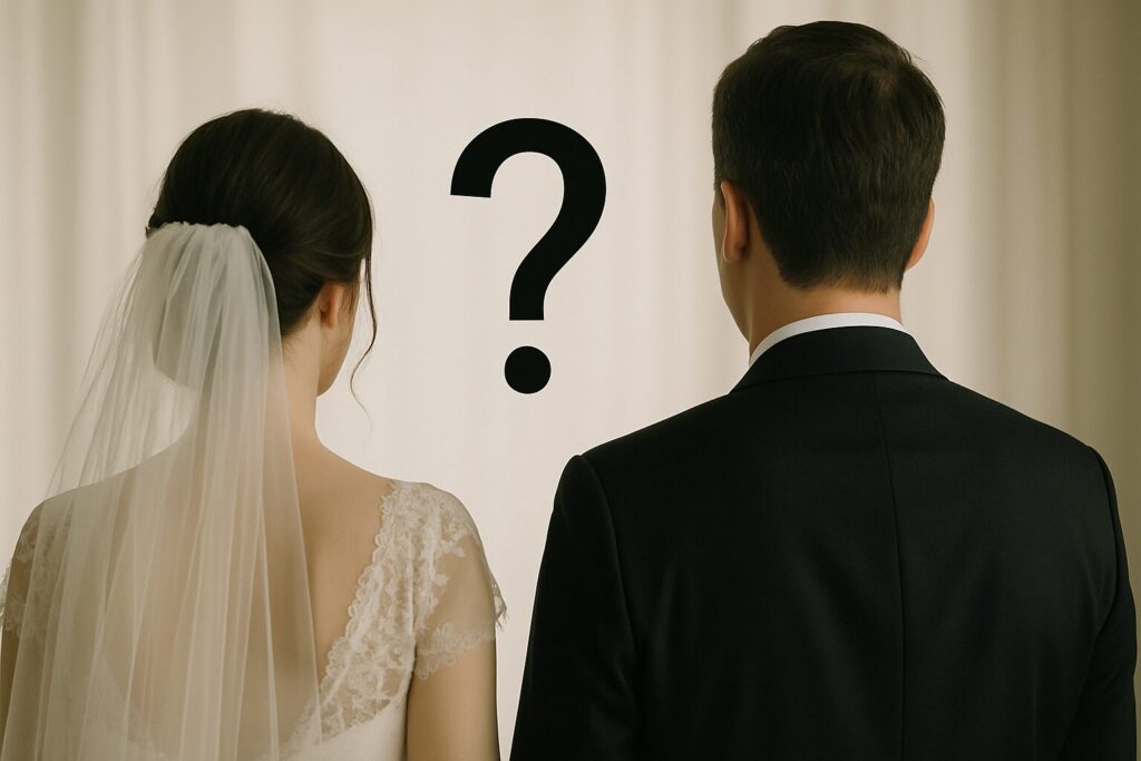 新郎新婦の後ろ姿
「?」のテキスト