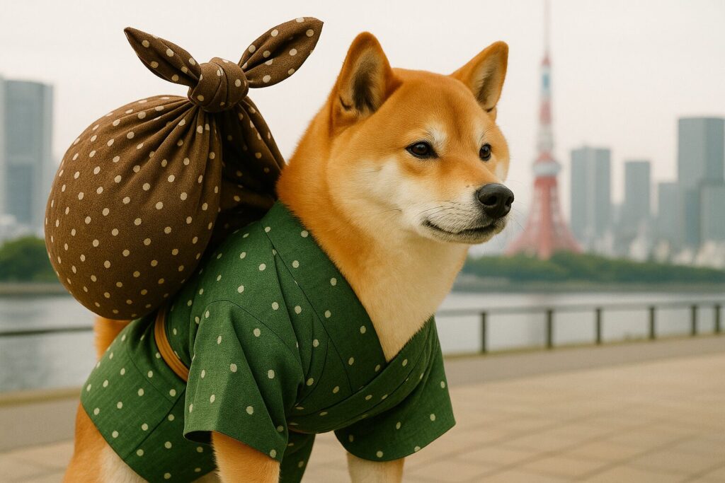 大きな風呂敷包みを背負って上京して来た柴犬
浴衣を着ている