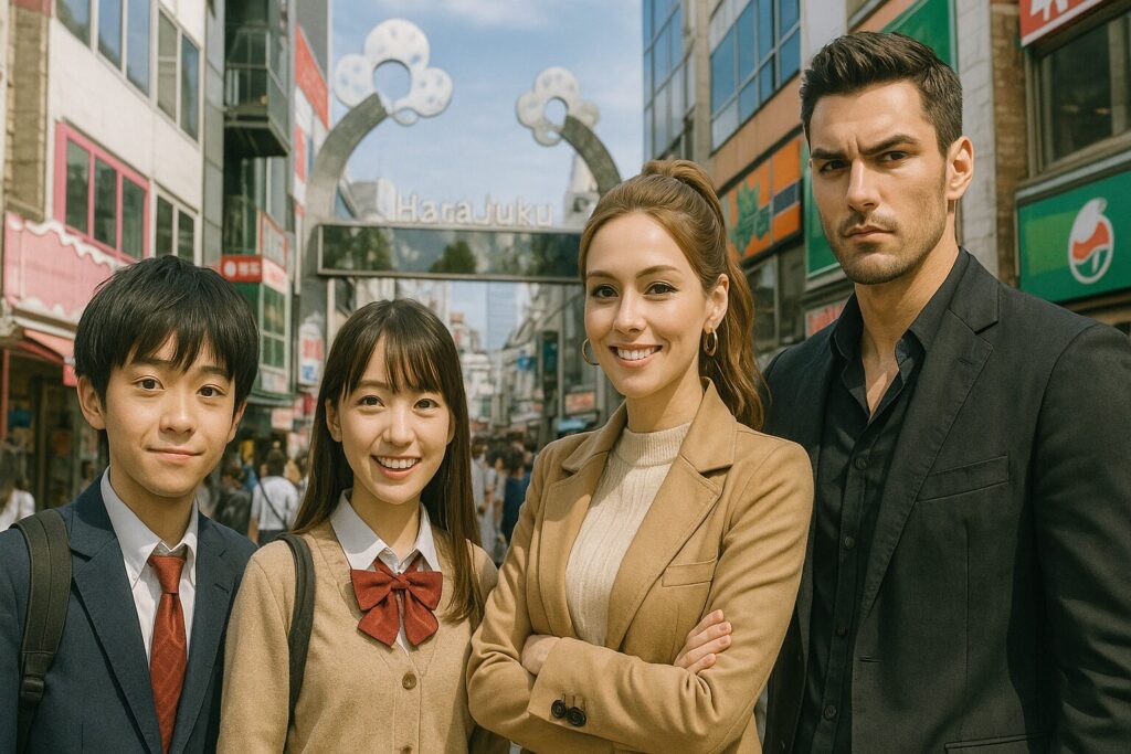 高校生のラブコメ漫画の扉絵
主人公は小柄な男子高校生
女子高生が1人
カリスマ販売員の女性1人
強面のイケメン1人
背景は原宿