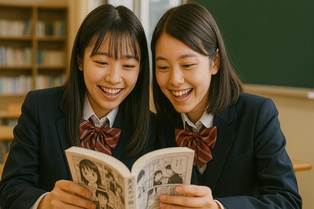 1冊の漫画を2人で楽しそうに読む女子高生