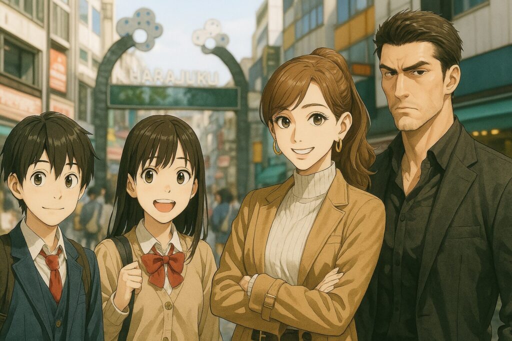 高校生のラブコメ漫画の扉絵
主人公は小柄な男子高校生
女子高生が1人
カリスマ販売員の女性1人
強面のイケメン1人
背景は原宿