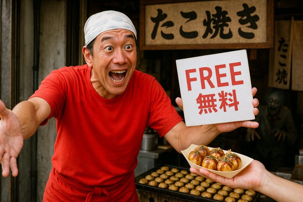 無料でたたき売りをする元気すぎるたこ焼き屋さん