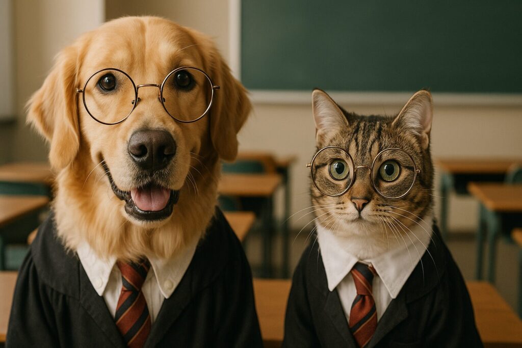 丸い厚底メガネをかけている犬と猫の学生