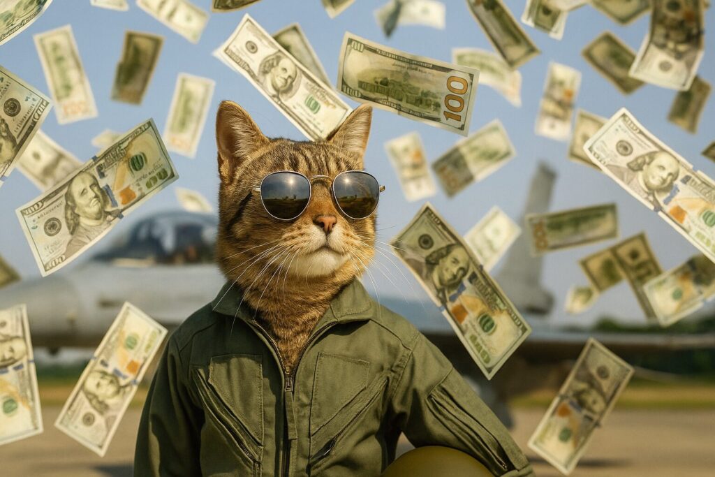 猫の戦闘機パイロットにお金が降りそそぐ