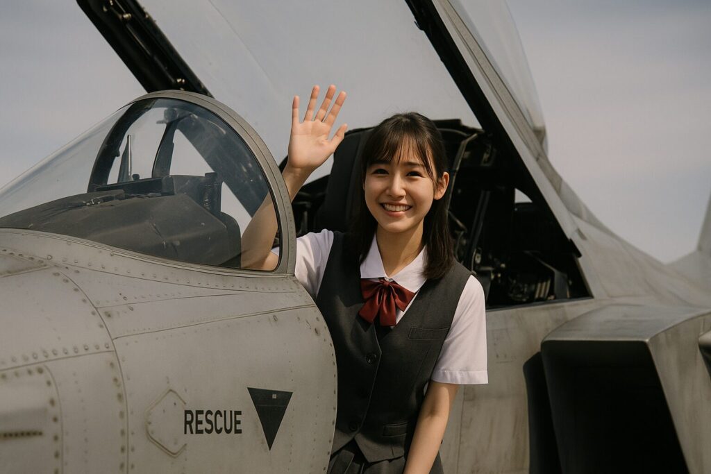 戦闘機のコクピットから手を振る女子高生