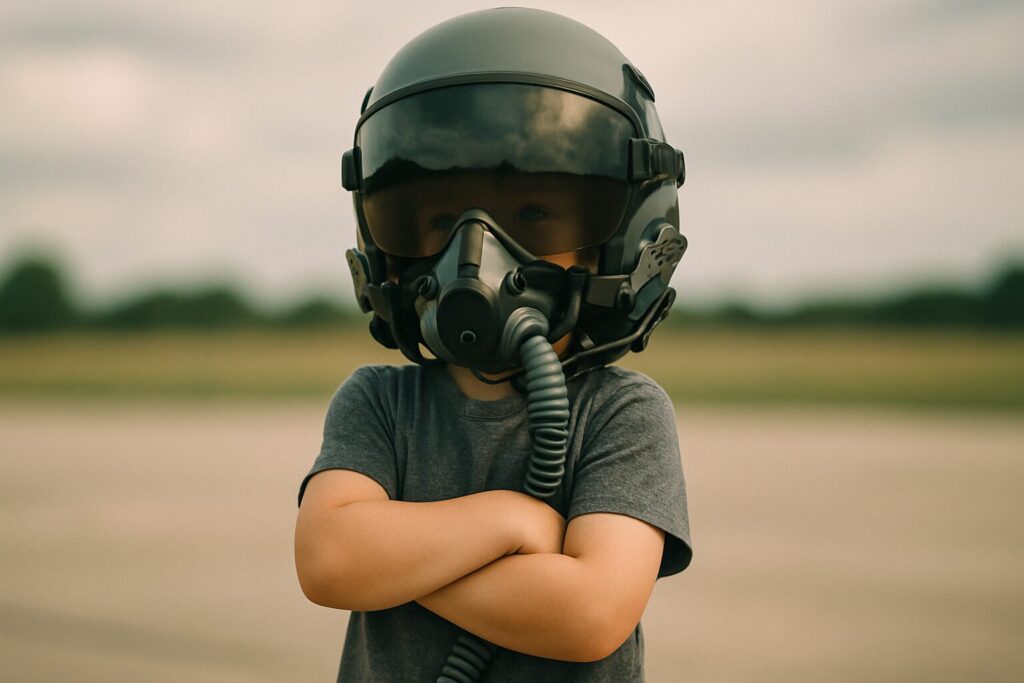 戦闘機のヘルメットをつけて腕を組むちびっ子