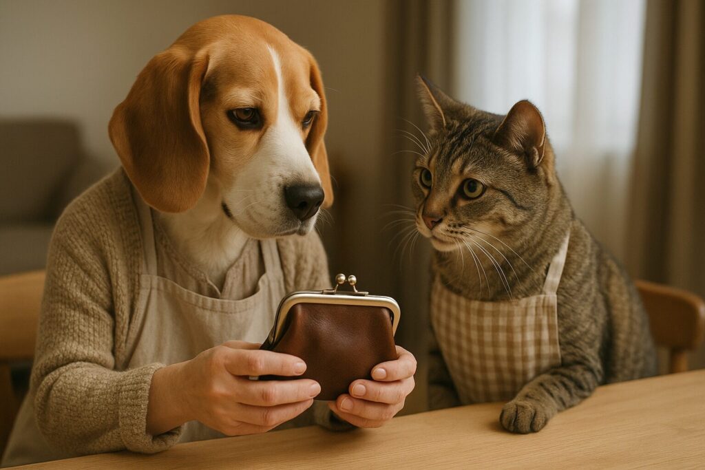 がま口財布を見ながら相談する犬と猫の主婦
