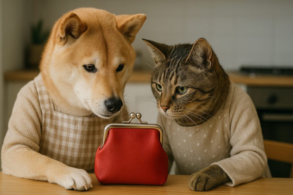 がま口財布を見ながら相談する犬と猫の主婦