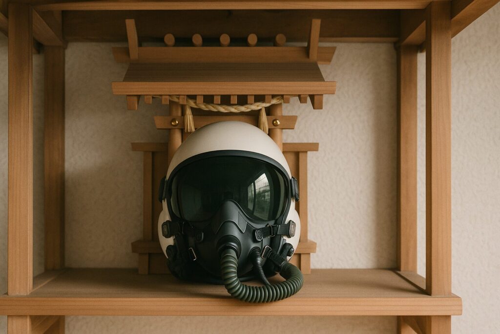 神棚に陳列されている戦闘機ヘルメット