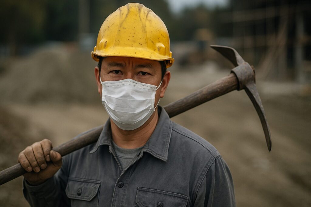 工事用ヘルメットを被って白いマスクをしている土木作業員