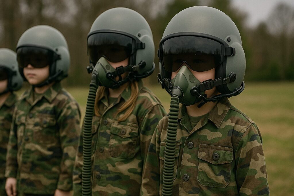 戦闘機ヘルメットを被っている迷彩服のちびっ子兵士たち