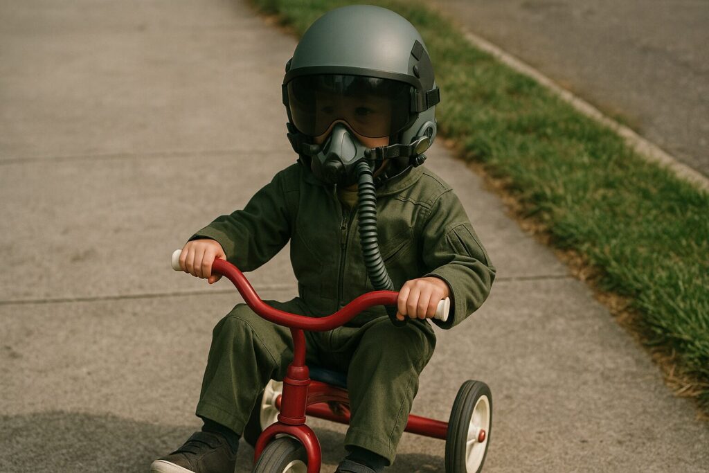 フル装備の戦闘機ヘルメットを被って3輪車に乗る幼稚園児