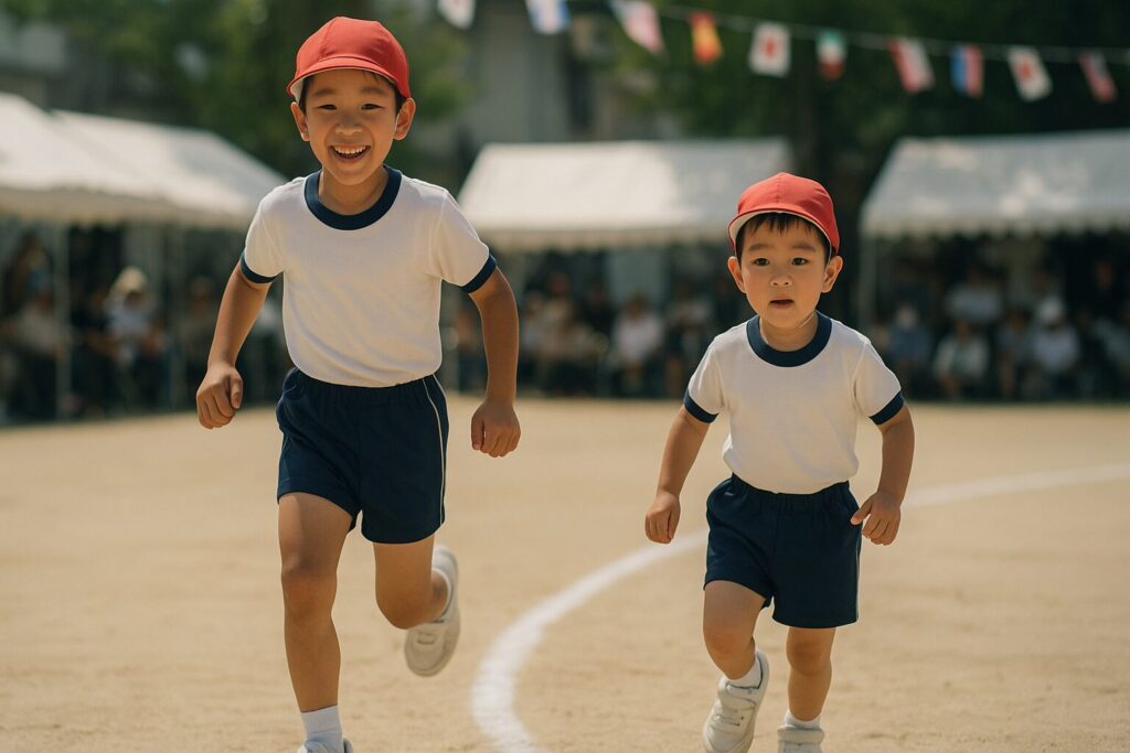 運動会で競争する背の高い幼稚園児と背の低い幼稚園児