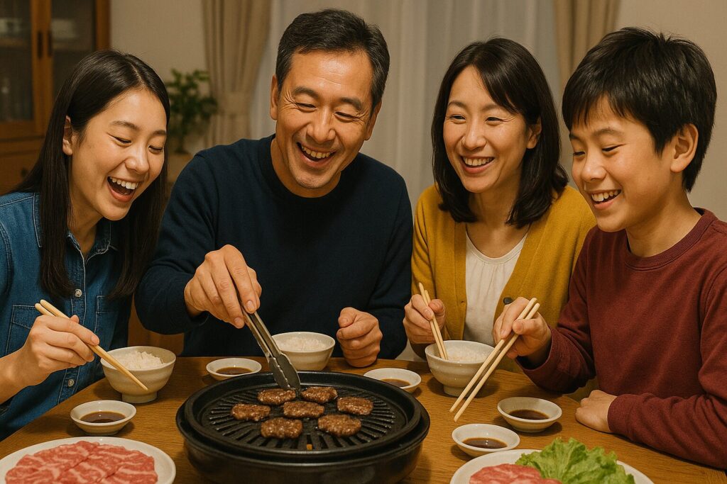 一家団欒での焼肉をする家族