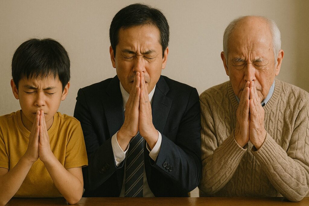 少年、サラリーマン、老人の3人が必死に祈る