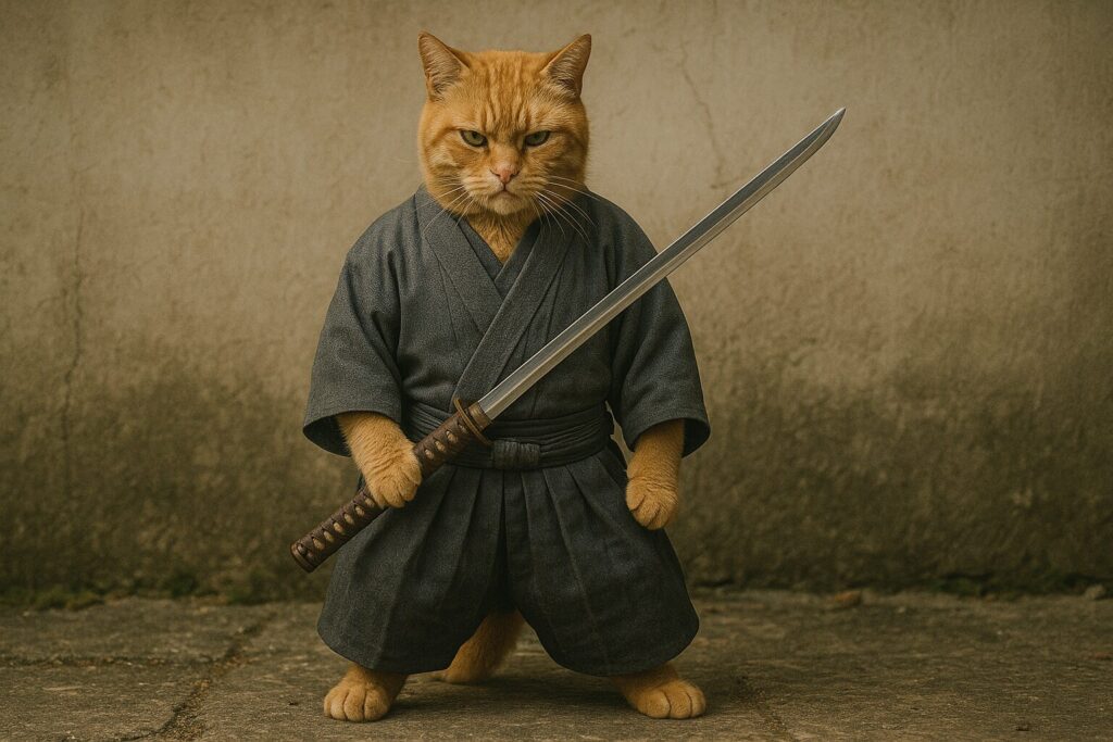 仁王立ちする猫の侍の全身像