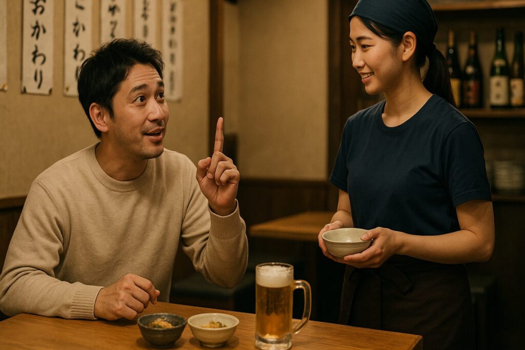 居酒屋で、女性店員に小鉢のおかわりを注文する男性客