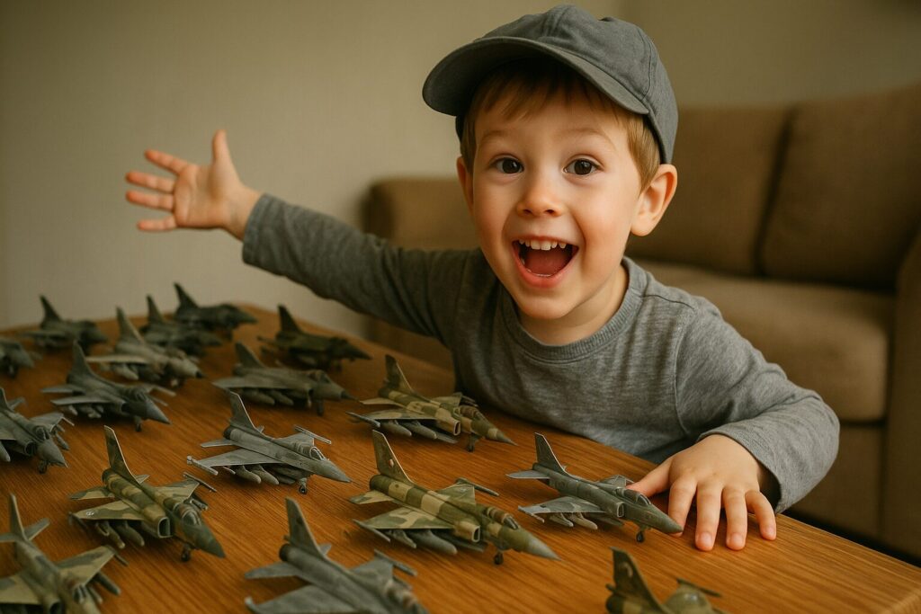戦闘機のおもちゃに興奮する少年